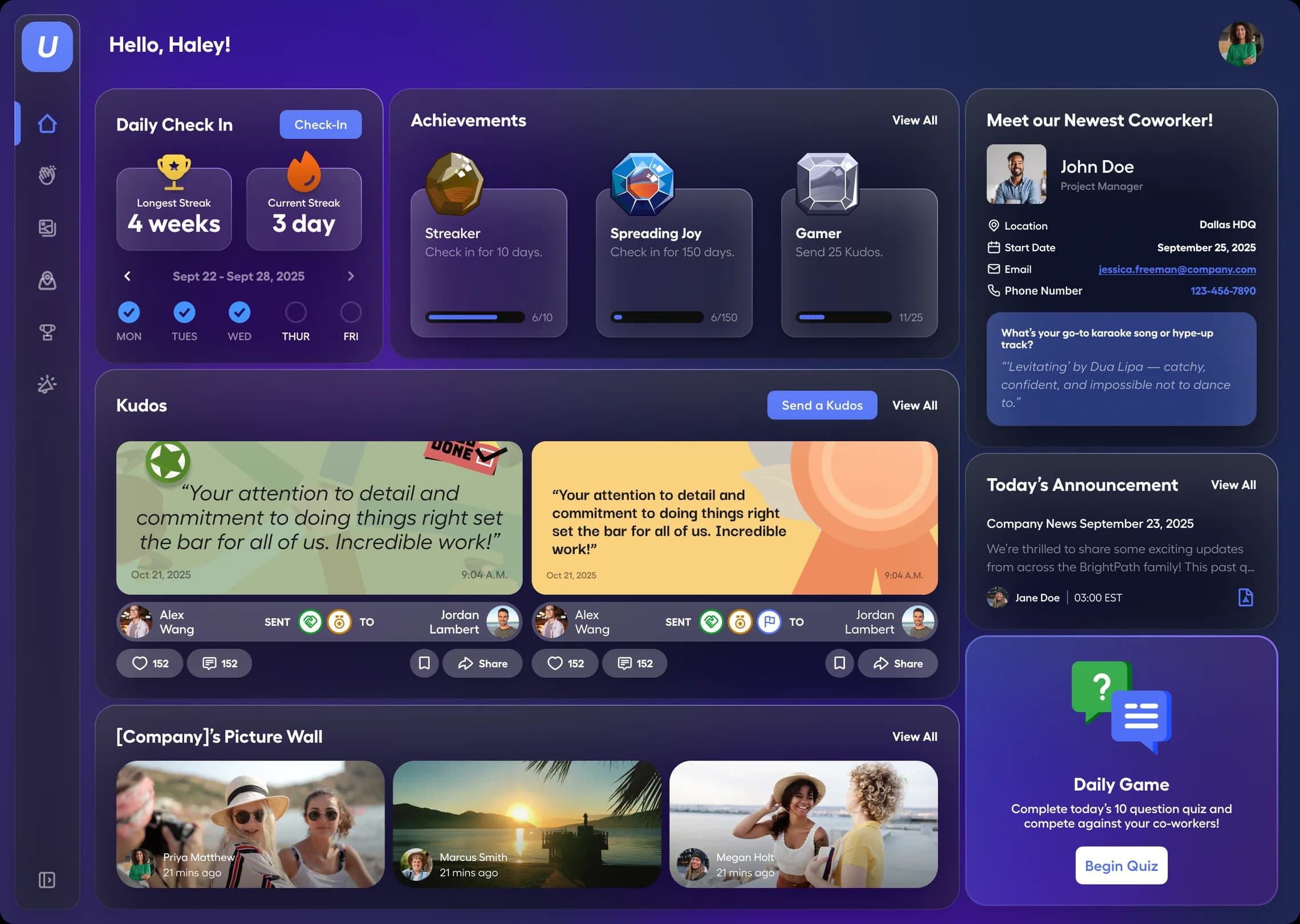 The Together HQ dashboard: daily check-ins, achievement streaks, kudos from teammates, and company announcements